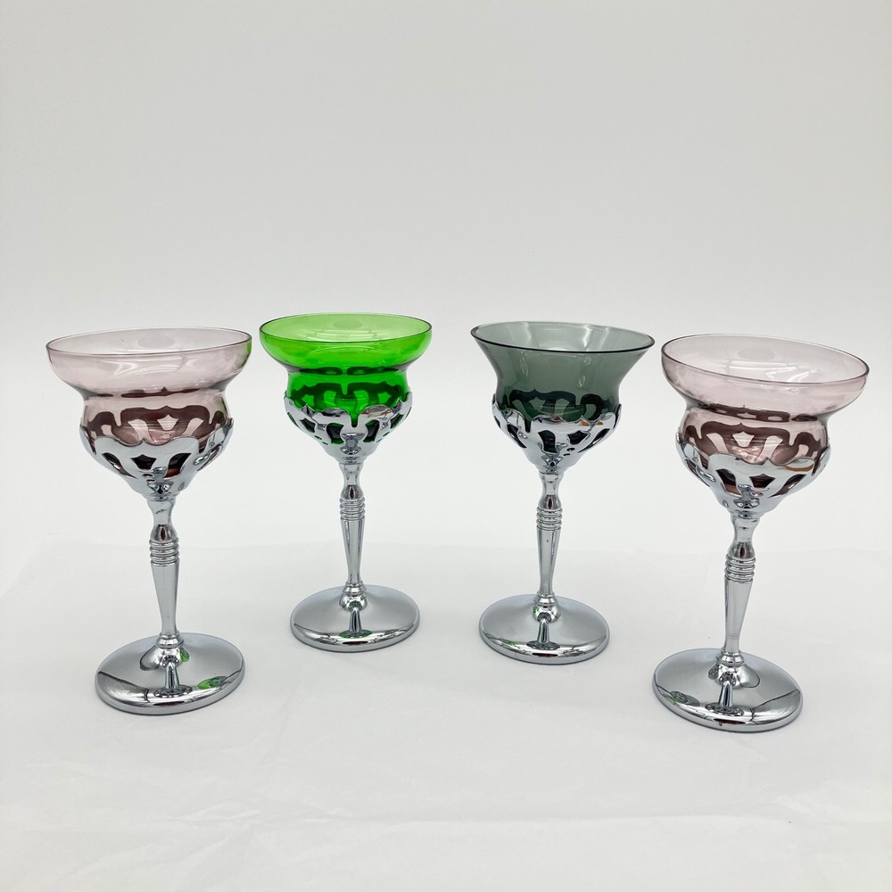 Farber Bros Cordial Glasses Krome Kraft Set of 4 Multi Color Vintage Art Deco